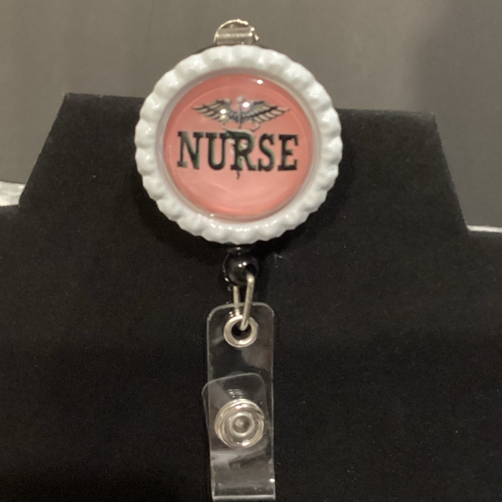 Pink "NURSE" Retractable Badge Reel with Medical Caduceus